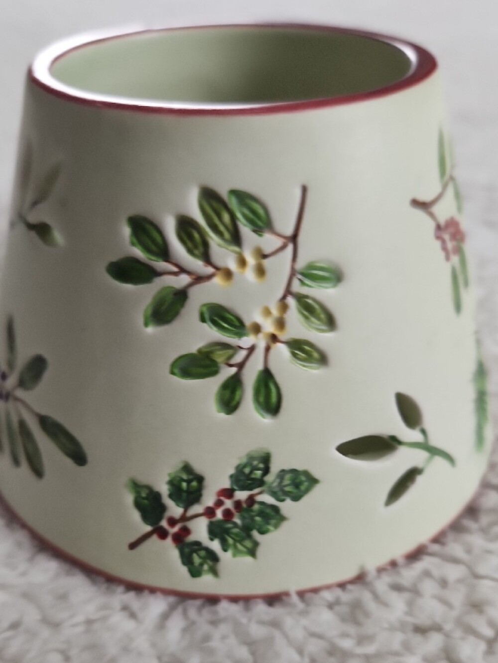 Ceramic Candle Topper with Holiday Green Red Winter Botanical Motif